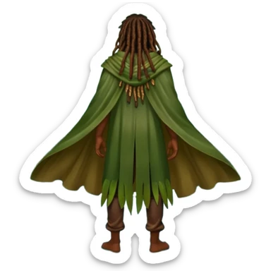 full body woodland character, dark skin man with dreadlocks, from behind, open back leaf cloak, wet skin shine, fireflies around sticker