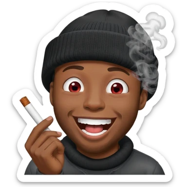 black male, beanie hat, light red eyes, high, laughing, joint in hand, smoke swirl sticker