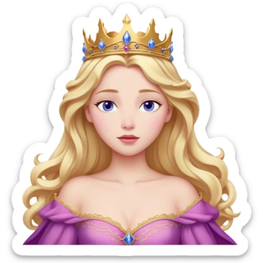 Cinematic Realistic Sleeping Beauty (Aurora) Portrait, with porcelain-like skin featuring a natural rosy flush, illuminated by soft lighting that highlights the gentle contours of her face. Her golden blonde hair flows in soft, detailed waves with subtle highlights that shimmer in the light. Her deep violet-blue eyes radiate warmth and innocence, framed by arched brows and long lashes. Her serene expression exudes quiet elegance. She is dressed in her classic pink gown, the fabric rich in texture with delicate folds that catch the light. A golden crown rests atop her head, gleaming with royal refinement. The portrait captures a soft, glowing aura, blending realism with an ethereal sense of beauty and timeless enchantment. sticker
