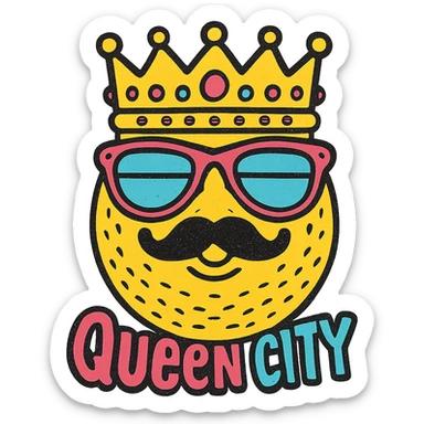Add the text 'Queen City' in a fun, cool font below the emoji, keeping the playful style. sticker