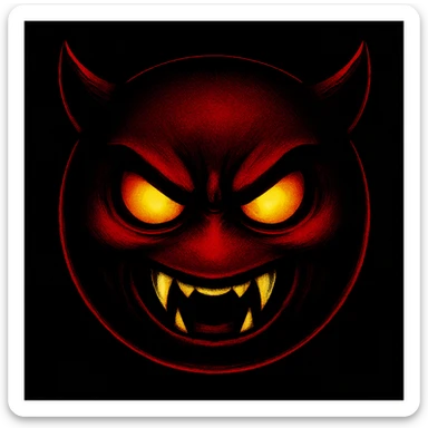 devil emoji, black and red, sharp fangs, glowing yellow eyes, dramatic shadows sticker