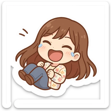 chibi sticker of a girl with brown straight hair and brown eyes, wearing a pastel floral cardigan and jeans, rolling on the floor laughing, white outline, transparent background, 512x512px sticker