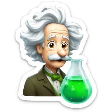 Albert Einstein with conical flask next to him with bubble green liquid inside it in Pixar style sticker