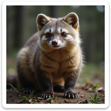 A pine marten, highly realistic fur texture, alert pose, detailed forest background, photorealistic style sticker