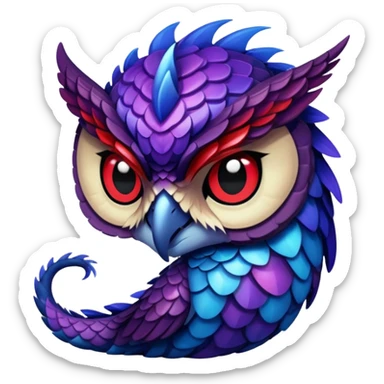Owl dragon hybrid front facing dark purple and blue and red sticker