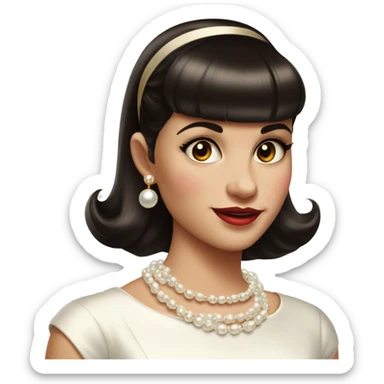 Cute girl 1950s short dark brown hair with straight fringe, white pearl necklace, gold bow earrings and white dress sticker