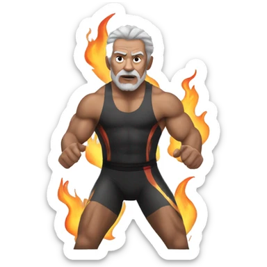 older wrestler with brownish gray hair, flames on tights sticker