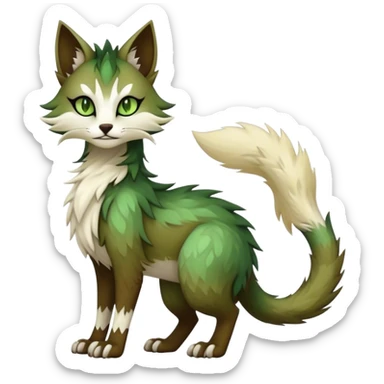 Kawaii dark edgy brown beige white fantasy ethereal feline-vernid-sergal-fursona animal creature with a tufted tail full body with intricate markings, hazel-gold-green eyes sticker