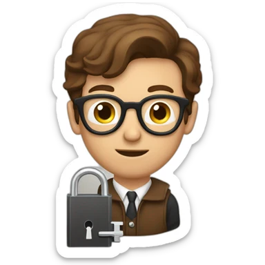 brown-haired classy man wearing glasses struggling to fit a key into a lock sticker