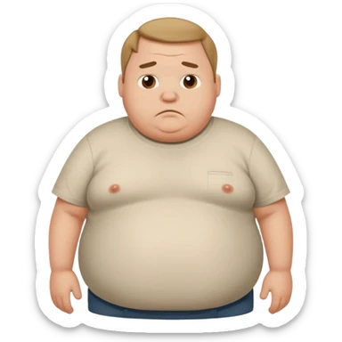 a cartoon fat man holding his stomach wearing t shirt, while looking confused? sticker