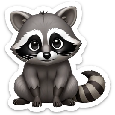 Cinematic-cute Raccoon-Realistic-hunched Full-Body on all fours-Emoji – Tail flicking lazily, head tilted dramatically, thick grey fur with a signature black mask, sharp and alert ears, simplified yet realistic focused features, highly detailed, glowing with an almost sarcastic glow. big black eyes sticker