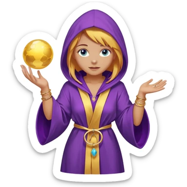 lightly tanned skin, blue eyes, cute and sexy girl with bright yellow-brown hair in a few shades of purple robe with hood, golden rings, slight cute makeup, full body, slightly turned aside pose, holding a magical ball (for future prediction) sticker