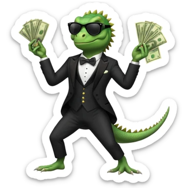capitalist iguana banker in tuxedo and black sunglasses dancing crazy with money sticker