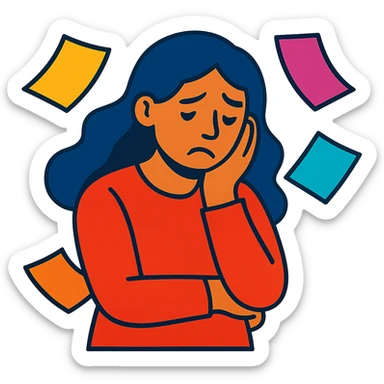 sad woman with flying papers around her, vibrant colors sticker