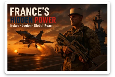 dramatic dusk scene of Rafale jet launching from Charles de Gaulle aircraft carrier with an orange sunset glow, foreground featuring a Foreign Legionnaire in desert camouflage holding a futuristic rifle, bold tricolor text 'FRANCE’S HIDDEN POWER', subtext 'Nukes • Legion • Global Reach', epic cinematic composition, ultra high detail, 8K sticker