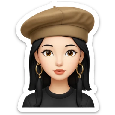 young fashionable woman, long straight black hair, beret, hoop earrings, confident look sticker