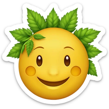 yellow round emoji smiling with its eyes close and bunch of hemp leafs around his face  sticker