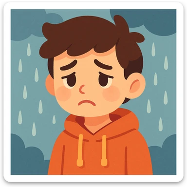 a boy looking sad on a rainy day, soft cartoon style, gentle colors, emotional expression sticker