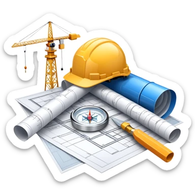 An icon featuring blueprints, a compass, and a construction helmet, symbolizing architecture and construction. The design includes building structures, cranes, and a ruler, representing the design and creation of buildings and urban planning. Transparent background. sticker