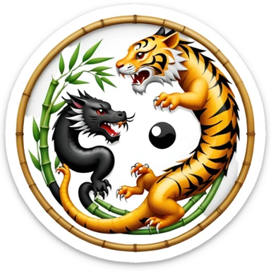 An icon symbolizing Eastern martial arts in the style of an emblem, with a black-and-white Yin-Yang symbol at the center. A dragon and a tiger are placed on either side, representing strength and wisdom. The design includes bamboo and traditional elements. Transparent background sticker