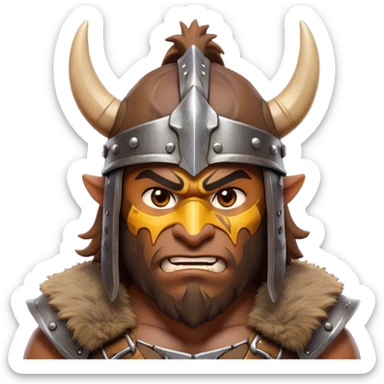 Clash of Clans aesthetic: Cinematic Fierce Barbarian Portrait Emoji, Poised and bold with a rugged yet cartoonish build in tattered furs and a horned helmet, expressive bright eyes and a confident smirk, Simplified yet dynamic features, highly detailed, glowing with a vivid, adventurous aura, high shine, heroic and spirited, stylized with an air of medieval warrior charm, focused and energetic, soft glowing outline, capturing the essence of a fearless barbarian adventurer ready to lead his clan with spirited valor! sticker