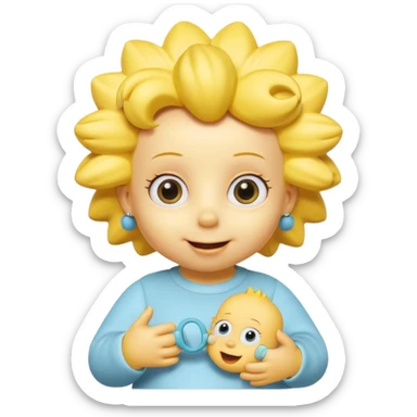 A 3D cartoon baby character fully yellow skin, styled like Maggie Simpson, with pacifier, big eyes, smooth shading, Memoji-style rendering, consistent with other yellow Simpsons characters. sticker