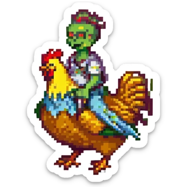 small zombie riding a chicken, Minecraft chicken jockey, pixel art style sticker