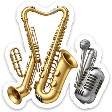 Create an artistic and dynamic emoji representing jazz vocal performance, featuring a vintage microphone as the central focus. Surround the microphone with traditional jazz instruments, such as a saxophone, trumpet, and upright bass, arranged in a harmonious, flowing design. Add musical notes and sound waves emanating from the microphone to symbolize the improvisational and expressive nature of jazz vocals. The instruments should have a polished, classic appearance with metallic gold and silver accents. Use rich colors like deep black, gold, and burgundy to evoke the sophisticated and soulful atmosphere of a jazz club. The background should be transparent. sticker