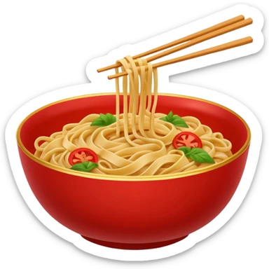 Chinese cuisine humanless avatar in bright emoji-style illustration. Noodles bowl, red and gold colors, simple shapes, flat design, bold and energetic. sticker