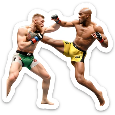 An MMA showdown between Conor McGregor and Anderson Silva in the octagon. McGregor is executing a powerful jumping strike, while Silva is expertly blocking the attack with his forearm. The background features the UFC octagon, fans in the distance, and dynamic action. Transparent background sticker