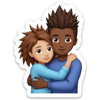 A girl with brown hair and light skin, is hugging a boy in a little dark skin with front spike hair sticker