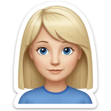 50 yr old white woman, hippe part bangs, very long straight blond hair, oval face, small smile, blue eyes, thin face, hair downback, hair parted at center of head, round cheeks, pale, longer hair sticker