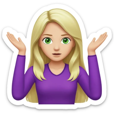 lady with long blonde hair, green eyes and purple top throwing arms in the as if confused sticker