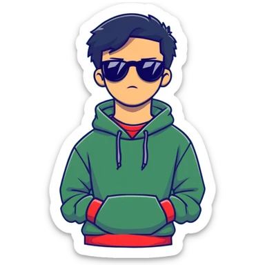 A guy in a red sweatshirt with sunglasses, with stylish black hair, stands in a cool pose sticker