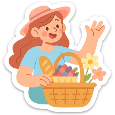 picnic basket with berries, bread, and flowers in warm pastel shades, pastel-toon style sticker