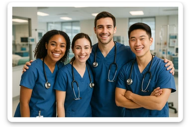 four nursing students, teamwork, diverse, scrubs, friendly, hospital setting, modern, clear, positive atmosphere sticker