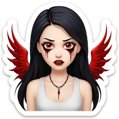 White woman with a white tank top long black hair glossy middle part long hair vamp look with fangs or blood dripping brown eyes eyeliner winged with lashes top and bottom sticker