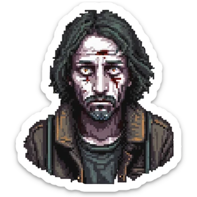 homeless man with a dead stare, looking into the abyss, shocked by overwhelming information sticker