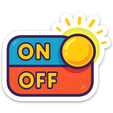 cartoon-style toggle switch button, colorful and playful, with ON/OFF label, glowing effects, visually representing triggering an event consolidation system sticker