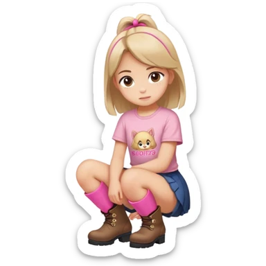  top and skirt with pink inscription “girl”  squatting in boots sticker
