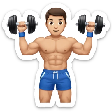 brunette buff man with blue shorts holding dumbbells and shrugging sticker