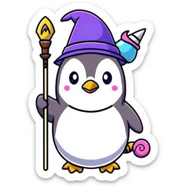 penguin wizard with a staff and hat surrounded by a small dragon, fairy, and unicorn sticker