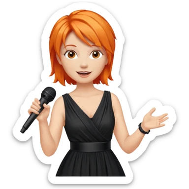 singer, Middle age, orange hair, happy, holding mic, wearing dress sticker