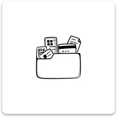 Closed folder icon with small symbols floating around: bank building, credit card, calculator, and document – organized financial archive sticker