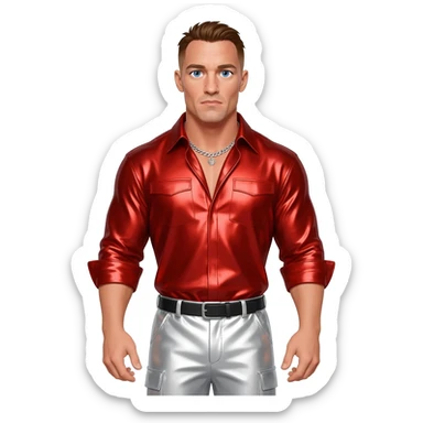 John Cena with blue eyes, brown hair, red metallic shirt, white metallic baggy pants, silver necklace sticker