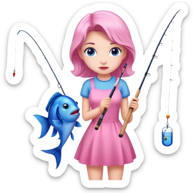 a girl with pink dress fishing a blue fish sticker