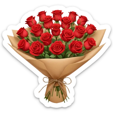 A brown paper-wrapped bouquet of fresh roses and baby’s breath sticker