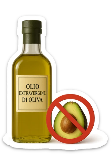 BOTTIGLIA DI OLIO EVO CON LA SCRITTA "OLIO EXTRAVERGINE DI OLIVA" SULL'ETICHETTA E AVOCADO CON DIVIETO SOPRA,  iperrealistico 4k sticker