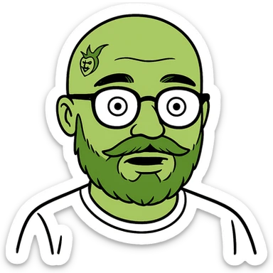Edit the image to depict a bald man with a green beard, glasses, and face tattoos in the same memoji style. Remove the background. sticker