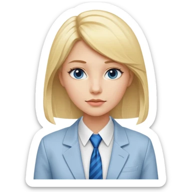 une femme blonde jolie avec des jolies traits avec une chemise blanche et une veste a manche longues et cravate bleu sticker